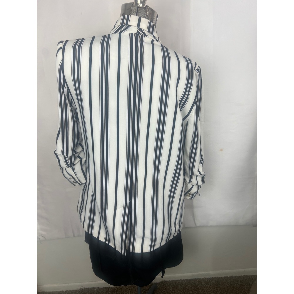 Endless Love Womens Striped Open Front Blazer Black White Ruched 3/4 Sleeve L - Picture 4 of 10